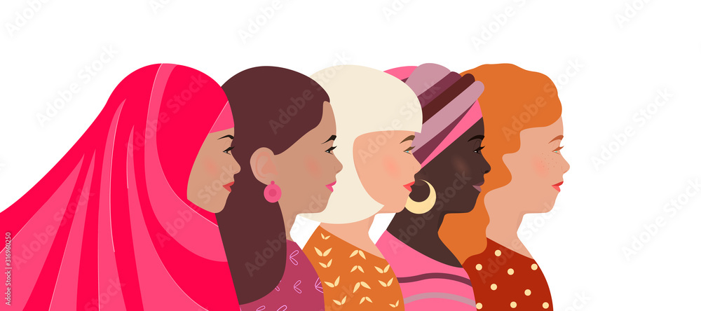 Women of different nationalities, faith and skin color together. Greeting card, banner International Women's Day. Struggle for womens rights and equality. Template poster, flyer. Diverse pretty girls Women of different nationalities, faith and skin color together. Greeting card, banner International Women's Day. Struggle for womens rights and equality. Template poster, flyer. Diverse pretty girls