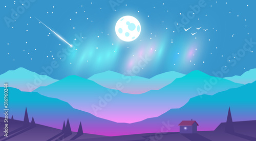 Vector abstract background illustration. Minimalist style. Flat concept. Landscape. Website template. Moon, stars, comet, glow over the mountains. Lonely house in nature. Trees covered with snow.