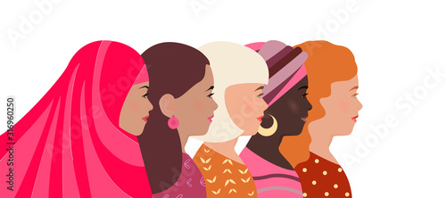 Women of different nationalities, faith and skin color together. Greeting card, banner International Women's Day. Struggle for womens rights and equality. Template poster, flyer. Diverse pretty girls