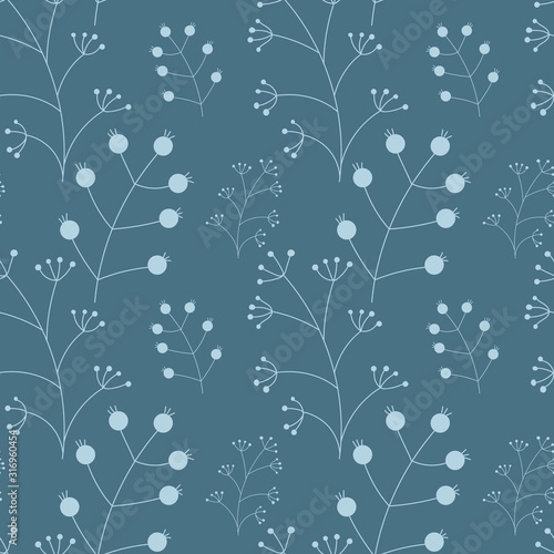 Vector Botanical seamless background with white twigs with berries on blue . Decorative texture for fabric, Wallpaper, stationery, bedding