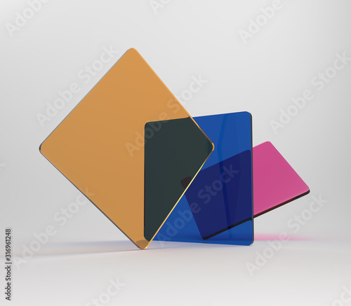 Abstract 3d geometric shapes. Color transparent squares.