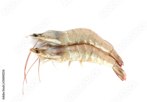 Fresh raw shrimps isolated on white, top view. Healthy seafood