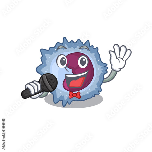 Happy monocyte cell singing on a microphone