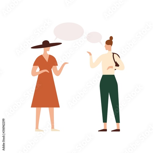 Women with empty speech bubbles flat vector illustration. People conversation...
