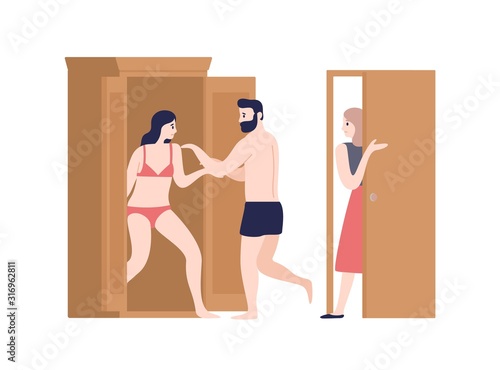 Love triangle, relationship trouble flat vector illustration. Wife, husband and paramour cartoon characters. Boyfriend cheating concept. Man hiding female lover in wardrobe isolated on white.
