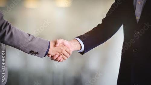 Two of businessman shaking hands as a symbol of unity,  success, dealing, greeting and partner © bongkarn