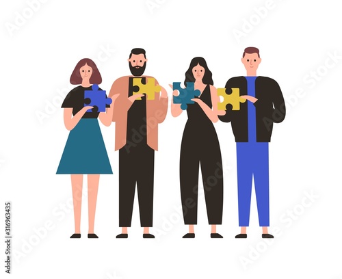 People holding jigsaw puzzle flat vector illustration. Business team collaboration, employees coworking metaphor. Teamwork and cooperation. Project management, problem solving concept.