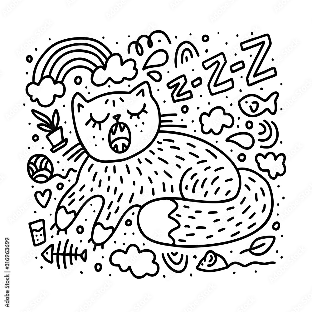 Cute cat sleep with snoring. Sweet Dreams arond it. Doodle vector illustration for print coloring page, book, poster, shirt, tee, kids menu, child cloth Cute cat sleep with snoring. Sweet Dreams arond it. Doodle vector illustration for print coloring page, book, poster, shirt, tee, kids menu, child cloth