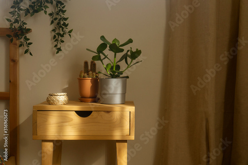 Wooden bedside table next to a bed in a bright bedroom, with plants and cactus and a wicker basket. photo