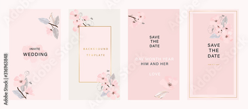 Minimal pink tropical Wedding Invitation, floral invite thank you, rsvp modern card Design in Blue Geometric shape with golden line decorative Vector elegant rustic template