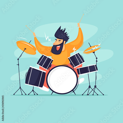 Drummer plays the drums, music. Flat design vector illustration.	