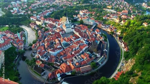 Aerial Drone Shot of Cesky Krumlov Czech Republic City at Sunrise