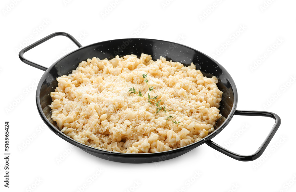 Delicious risotto with cheese isolated on white Delicious risotto with cheese isolated on white