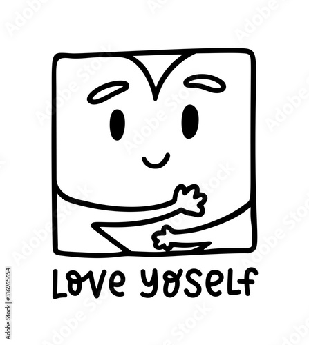 Love yoself. Cute kawaii heart hugging yourself. Love your body concept. Girl Healthcare Skincare. Take time for your self. Vector illustration on white background. Black color doodle