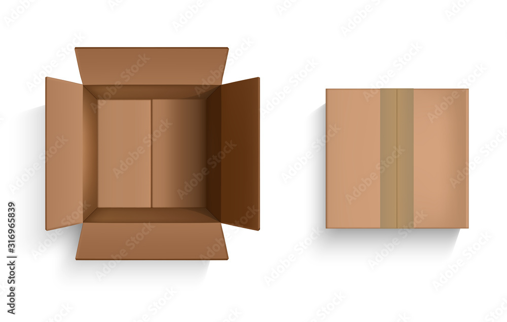 Realistic Detailed 3d Brown Blank Cardboard Box Top View Template Mockup Set. Vector Realistic Detailed 3d Brown Blank Cardboard Box Top View Template Mockup Set. Vector