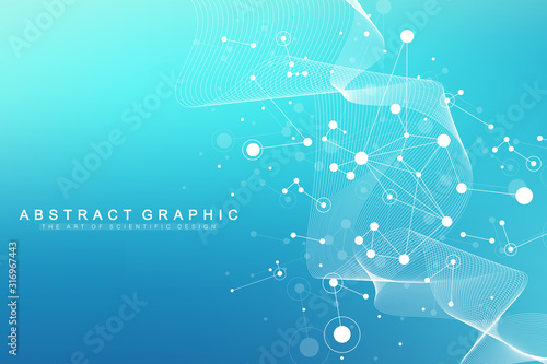 Big Genomic Data Visualization. DNA helix, DNA strand, DNA Test. CRISPR CAS9 - Genetic engineering. Molecule or atom, neurons. Abstract structure for Science or medical background, banner. Wave flow.
