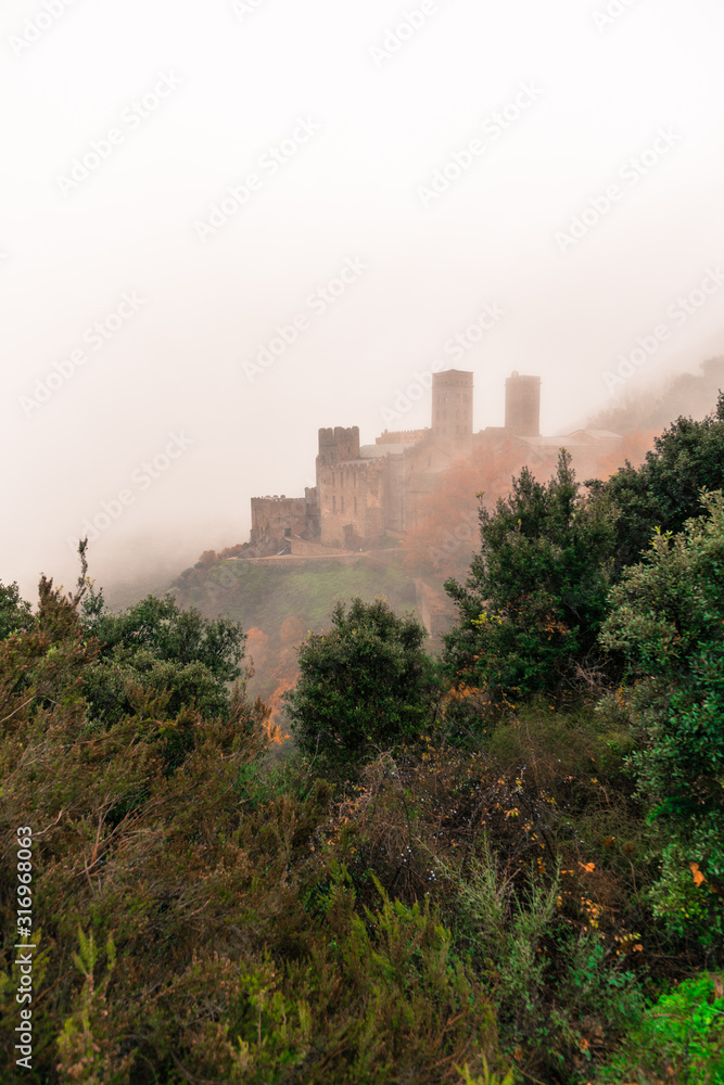 Monastery of Sant Pere de Rodes under the mist, Port de la Selva, Catalonia, Spain