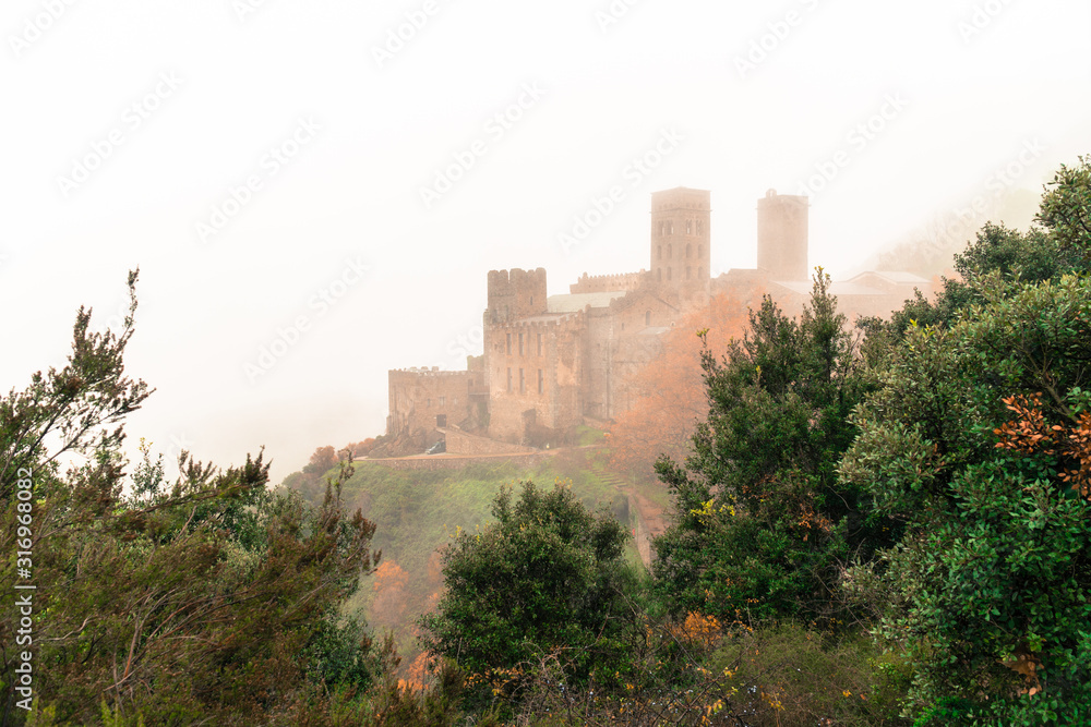 Monastery of Sant Pere de Rodes under the mist, Port de la Selva, Catalonia, Spain