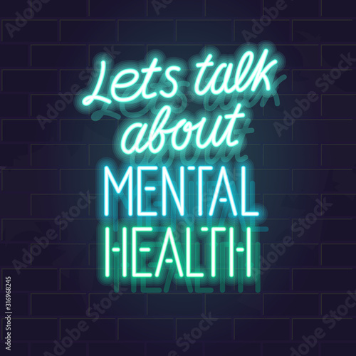 Let's talk about mental health neon typography. Isolated vector glowing handwritten lettering on brick wall background. Square illustration for social network, poster.