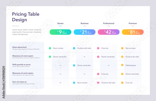 Modern pricing table design with four colorful subscription plans. Flat infographic design template for website or presentation. photo