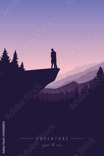 couple in love on a cliff adventure in nature with mountain view vector illustration EPS10