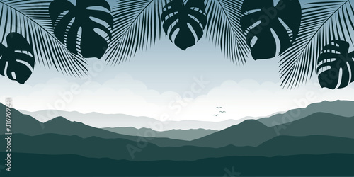 beautiful palm tree silhouette mountain landscape in green colors vector illustration EPS10