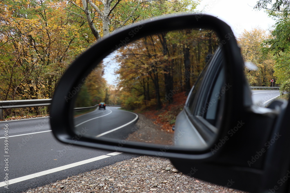 car mirror , autumn season forest road car mirror , autumn season forest road