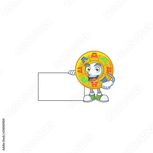 Cheerful chinese circle feng shui cartoon character having a board