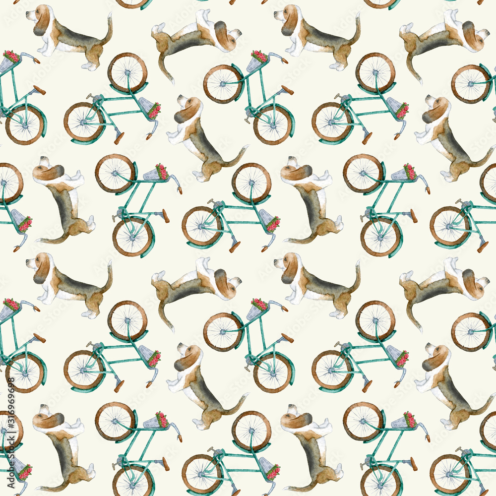 Funny watercolor seamless pattern with basset hound dogs and turquoise retro bikes on a light background Funny watercolor seamless pattern with basset hound dogs and turquoise retro bikes on a light background