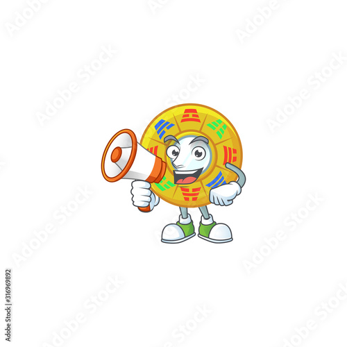 Cool cartoon character of chinese circle feng shui holding a megaphone