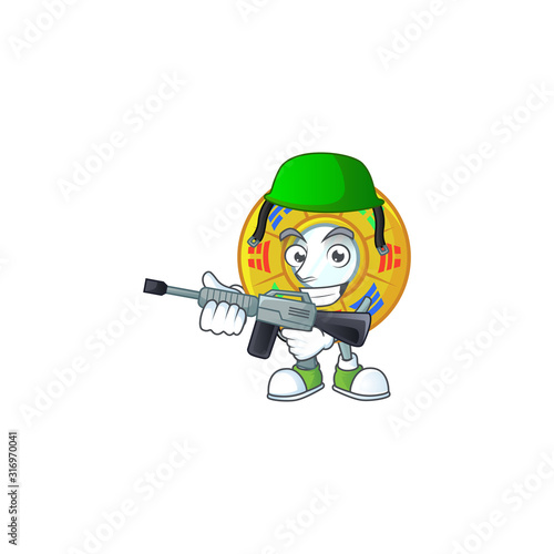 Chinese circle feng shui carton character in an Army uniform with machine gun