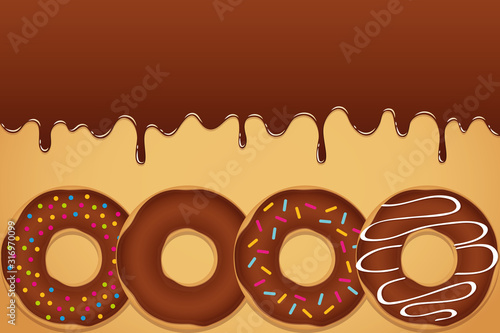sweet melting chocolate icing with colorful donuts and sprinkles vector illustration EPS10
