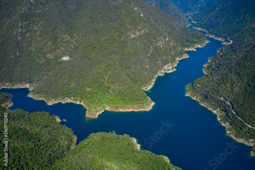 Aerial view, Lake Valvestino, Italy. Beautiful lake between the mountains