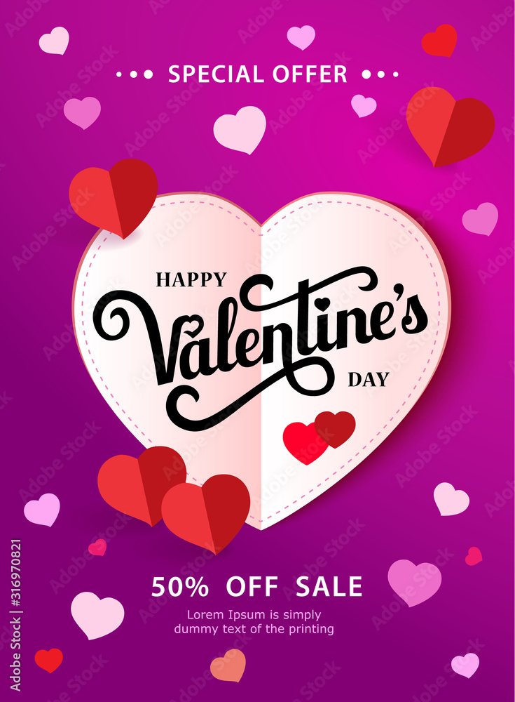 Design Poster with lettering Happy Valentine s Day. Paper heart on a purple background with small hearts. Vector illustration.