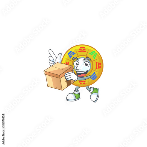 Cute chinese circle feng shui cartoon character having a box
