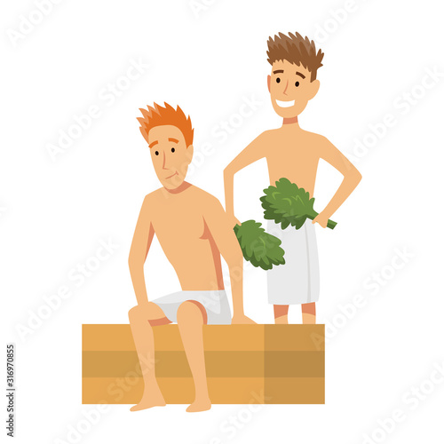 Bathhouse or banya procedure. Vector flat people. Activity for wellness and recreation. People Enjoying Sauna Procedures