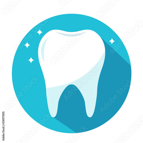shiny healthy tooth in blue circle. dentistry concept vector Illustration. clean tooth with star.
