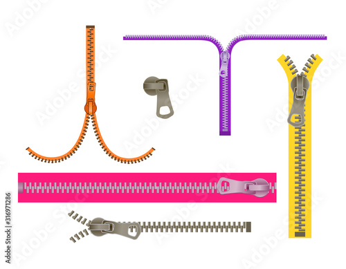 Set fashion Elements. Basic Plastic Zipper. Open and closed lock. Repeating element. fastener vector. zipper for cloth isolated on white background.