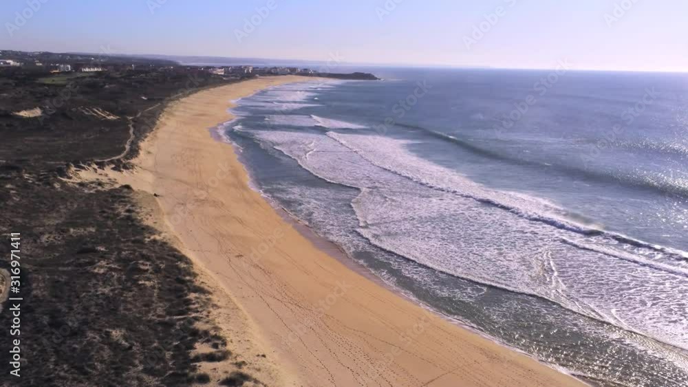 Aerial view of beach in Peniche, coastal village of Portugal. Drone footage Aerial view of beach in Peniche, coastal village of Portugal. Drone footage