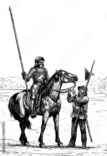 Mounted Armoured knight and landsknecht sergeant. Knights before the battle. Historical drawing.  © Lunstream