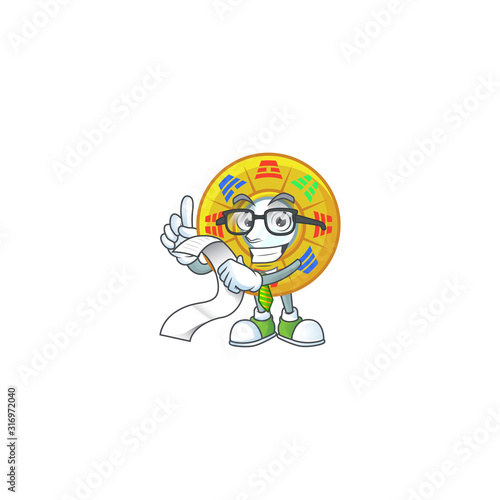 A funny cartoon character of chinese circle feng shui with a menu