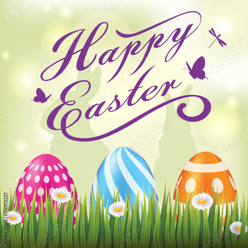 Happy Easter Card with Painted Eggs on Grass,Vector
