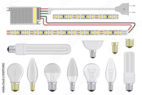 Set of realistic Light Bulb. Incandescent and fluorescent energy saving light bulbs. Vector 3D light bulbs set. Glowing incandescent filament lamps, electricity. LED Strip Light. LED module. LED diode