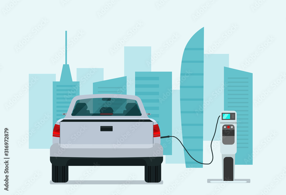 Electric pickup truck car on a background of abstract cityscape. Electric car is charging, back view. Vector flat illustration.