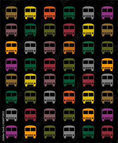 set of bright colored buses on a black background