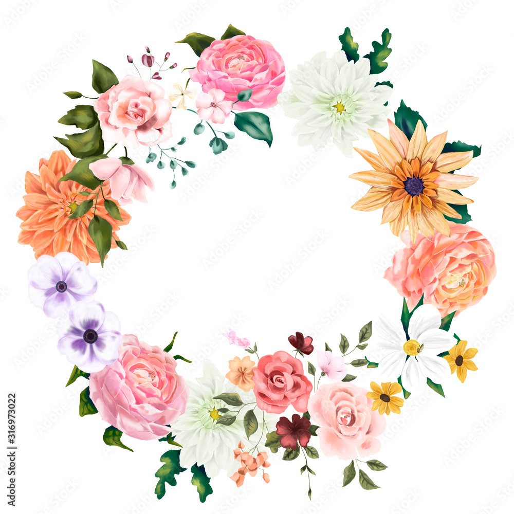 Floral template for invitation. Pink roses, eucalyptus, plants and blue flowers. All elements are isolated.
