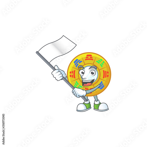 Funny chinese circle feng shui cartoon character style holding a standing flag
