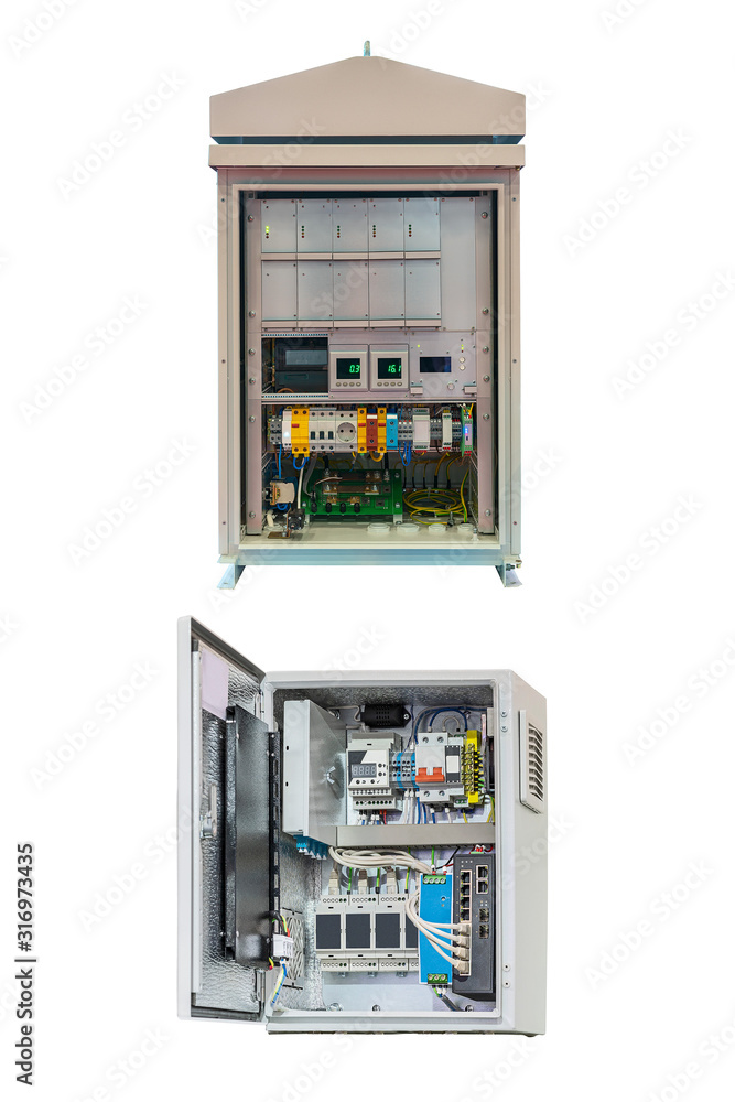 two electrical control Cabinet with an open door isolated on a white background two electrical control Cabinet with an open door isolated on a white background
