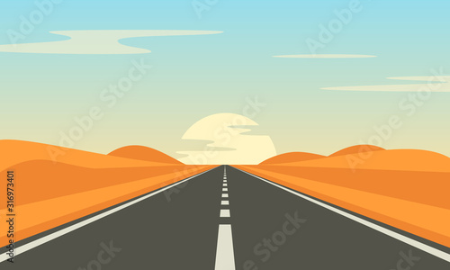 Road in the desert. Asphalt highway with markings in the countryside.