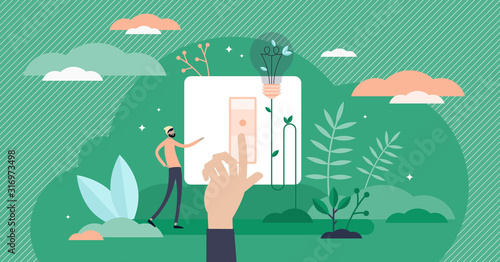 Power saving sustainable development green concept, flat tiny person abstract vector illustration